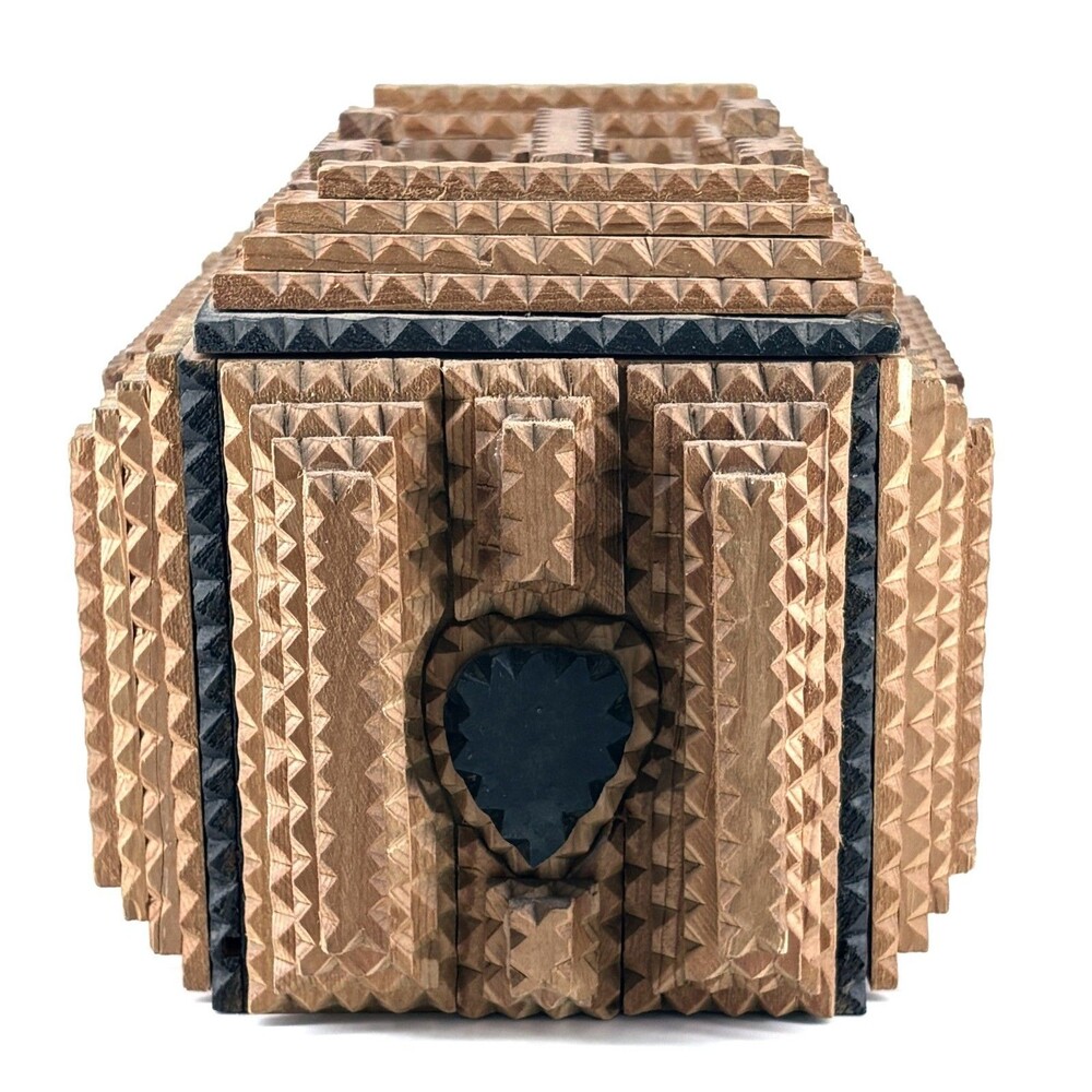 Tramp Art Jewelry Box With Heart Detail on Sides 10x6x7" - Picture 2 of 7